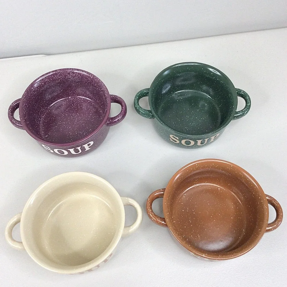Set of 4 Walter Drake Speckled Soup Bowl Crock Country Farmhouse Handles
